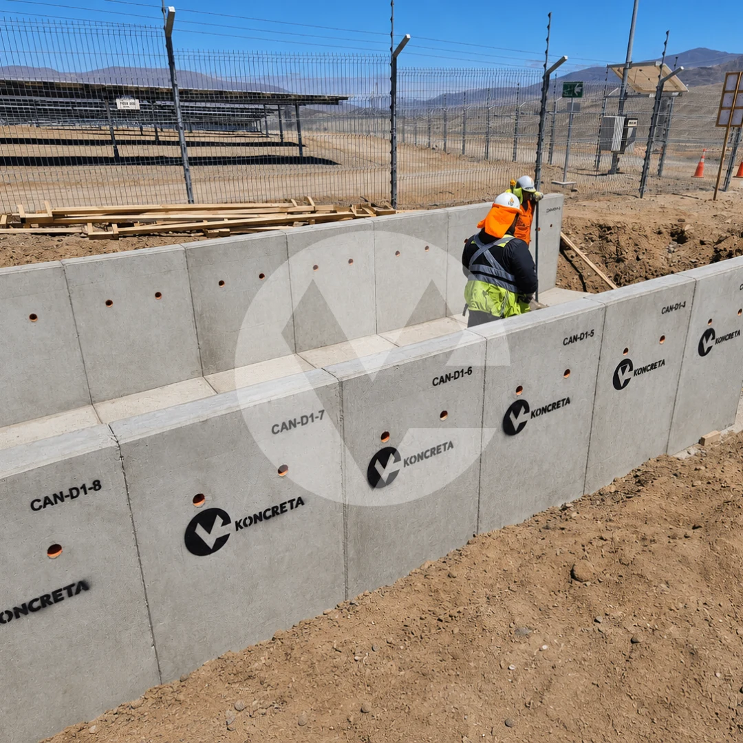 Operarios montando muros de contención prefabricados Koncreta en terreno, junto a un parque fotovoltaico